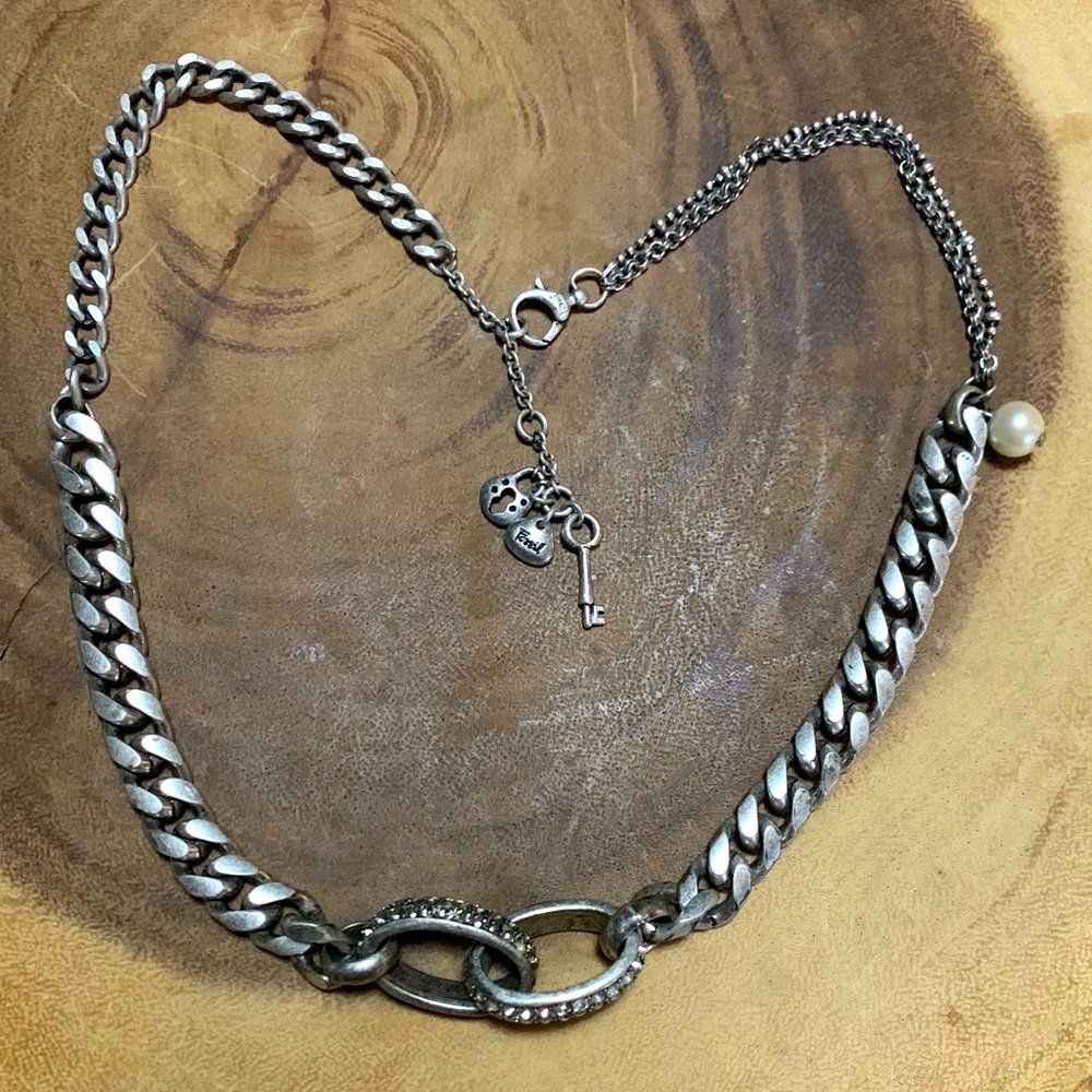 Fossil Jewelry Antiqued Silver Tone Chain Link Necklace Pearl Charm CZ Stones